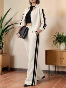 女士新款条纹拉链外套+高腰舒适阔腿裤休闲通勤套装，秋冬 - 杏色 - 查看 3