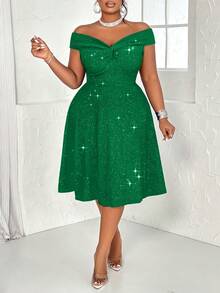 BIUBIU Women's Plus Size Sexy Solid Twisted Off Shoulder Backless Glitter Detail A-Line Dress For Party Cocktail Christmas Valentines Day