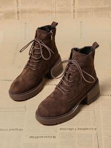 Fall/Winter 2025 Spring/Autumn New European Boots, Women's Chunky Heel Short Ankle Boots - Brown - View 2