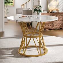 Round Dining Table (76cm), Kitchen Dining Table, Round Coffee Table For 4 People, Suitable For Dining Room, Living Room, Elegant Metal Table Legs, MDF Wood Tabletop, Gold - Gold + MDF - View 12