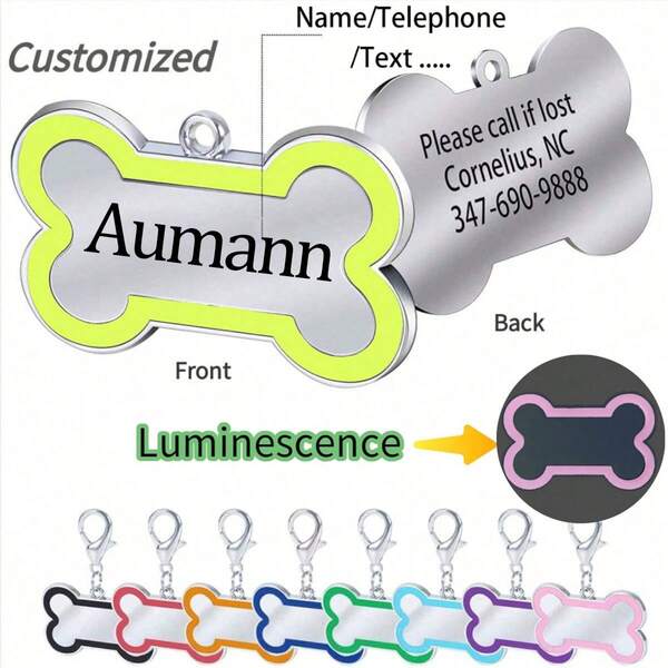[Luminescence] Personalized Glitter Dog ID Tag, Custom Carved Pet Name Bone-Shaped Pendant Tag,Double-Sided Customized, Cat ID Tag Alloy Pendant Tag Dog Collar Cat Collar The Perfect Gift To Prevent Pet Loss, Hanging On The Collar, The Best Gift For Your P