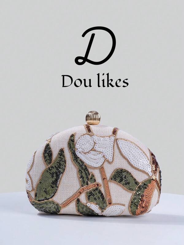 1pc New Floral Pattern Women's Handbag, 2025 Vintage Champagne Sequin Embroidered Flower Chain Evening Bag, Suitable For Party Girls, Brides, Newlyweds And Office Ladies, Party, Wedding, Mini Box Bag (Pattern Random), Suitable For Work, Business Travel, Outings, Commuting