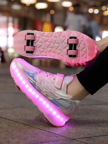 Kids' Fashionable Sturdy 4-Wheel 12-Mode Rechargeable Detachable Roller Skate Shoes, Suitable For Boys And Girls - Pink - View 11