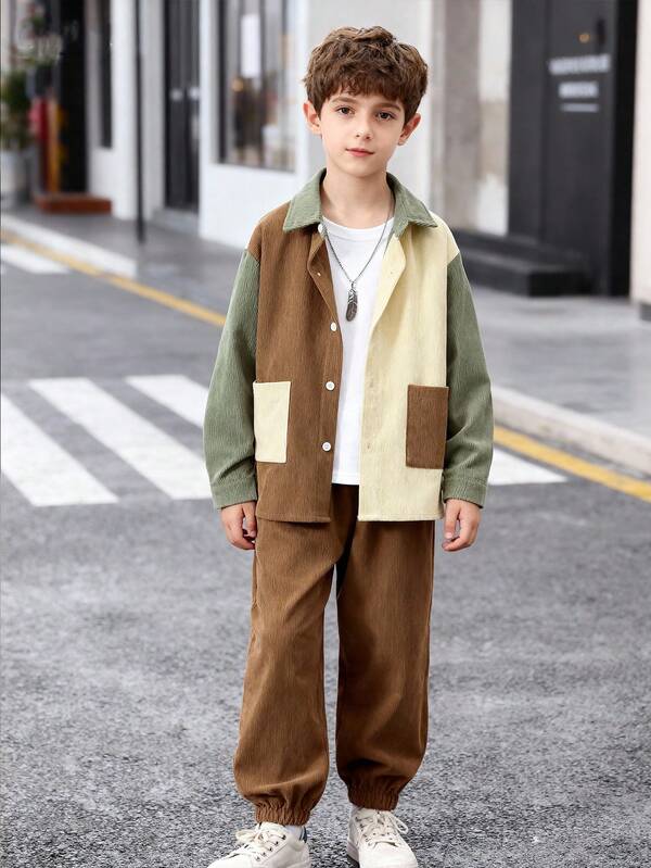 2pcs Boys' Colorblock Corduroy Casual Set, Autumn