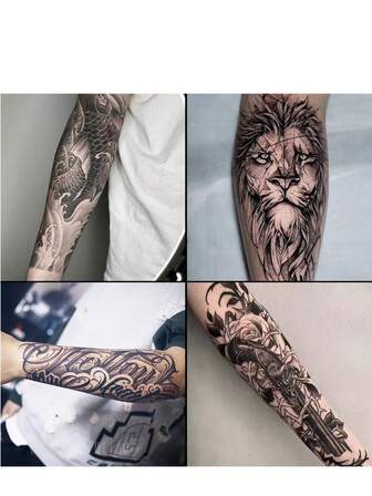 4张花卉图案狮子锦鲤纹身贴纸，逼真持久，防水防刮，可持续7-15天