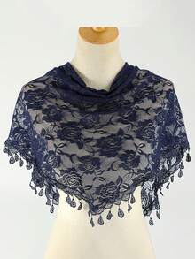 1 pieza Pañuelo triangular de mujer de unicolor con bordado de encaje, pañuelo bohemio de moda con flores huecas y rosas, con flecos, versátil para uso diario y todas las estaciones para vestir - bufanda triangular - Ver 30