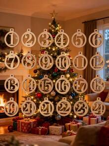 24Pcs Wooden Advent Calendar Tags, Classic Style Christmas & New Year Countdown Numbers 1-24, Manufactured Wood Christmas Tree Ornaments For Holiday Decorations, Christmas Decoration Hanging Pendants, Christmas Gift, Merry Christmas, Xmas Party Decor, Christmas Ornaments