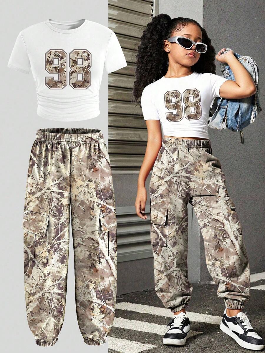 Toddler Girls' Number Print Short Sleeve Top And Camouflage Cargo Pants - White - View 1