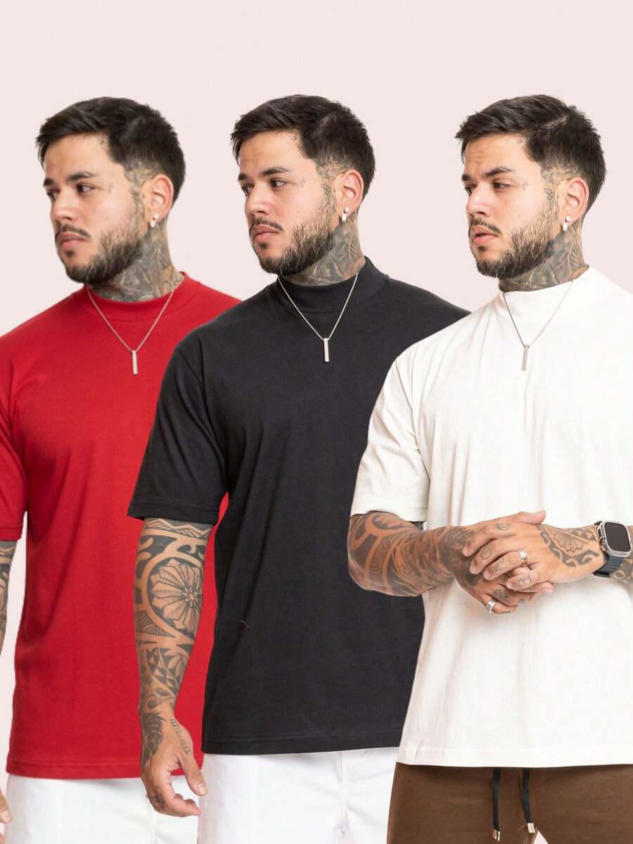 Set Of 3 Premium Men's Oversized T-Shirts, Trap Street Style, Bodybuilding, Gringa, Cotton, End Of Year, Christmas. - 紅色黑色白色 - 查看 1