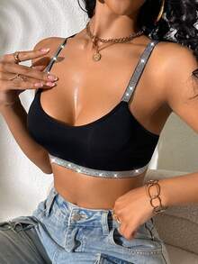 1pc Black Knit Backless Shiny Silver Strap Personalized Comfortable Women's Bra, Suitable For Party And Nightclub - Black - View 5