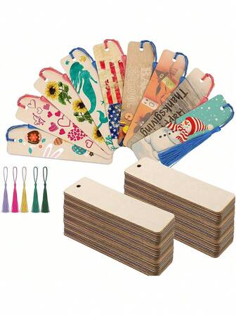 10/20/40pcs DIY Wooden Blank Bookmarks, Wooden Craft Bookmarks, Wooden Laser-Cut Wooden Pendants, DIY Tag Labels, Gift Craft Accessories, Very Suitable For Kindergarten Children's Hand-Painted Creations, Suitable For Christmas, Weddings, Birthdays, And Other Occasions, Tassel Colors Are Random.