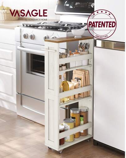 4-Tier Slim Storage Trolley, Kitchen Trolley With Wheels, Handle, Small Space, 15 X 43.2 X 86.5 Cm, Bathroom, Laundry Room, Rustic White And Honey Brown LRC050K01