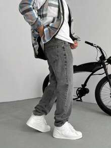 Men's Y2K Straight Leg Casual Washed Denim Jeans, Minimalist Black Jeans - Dark Grey - View 2