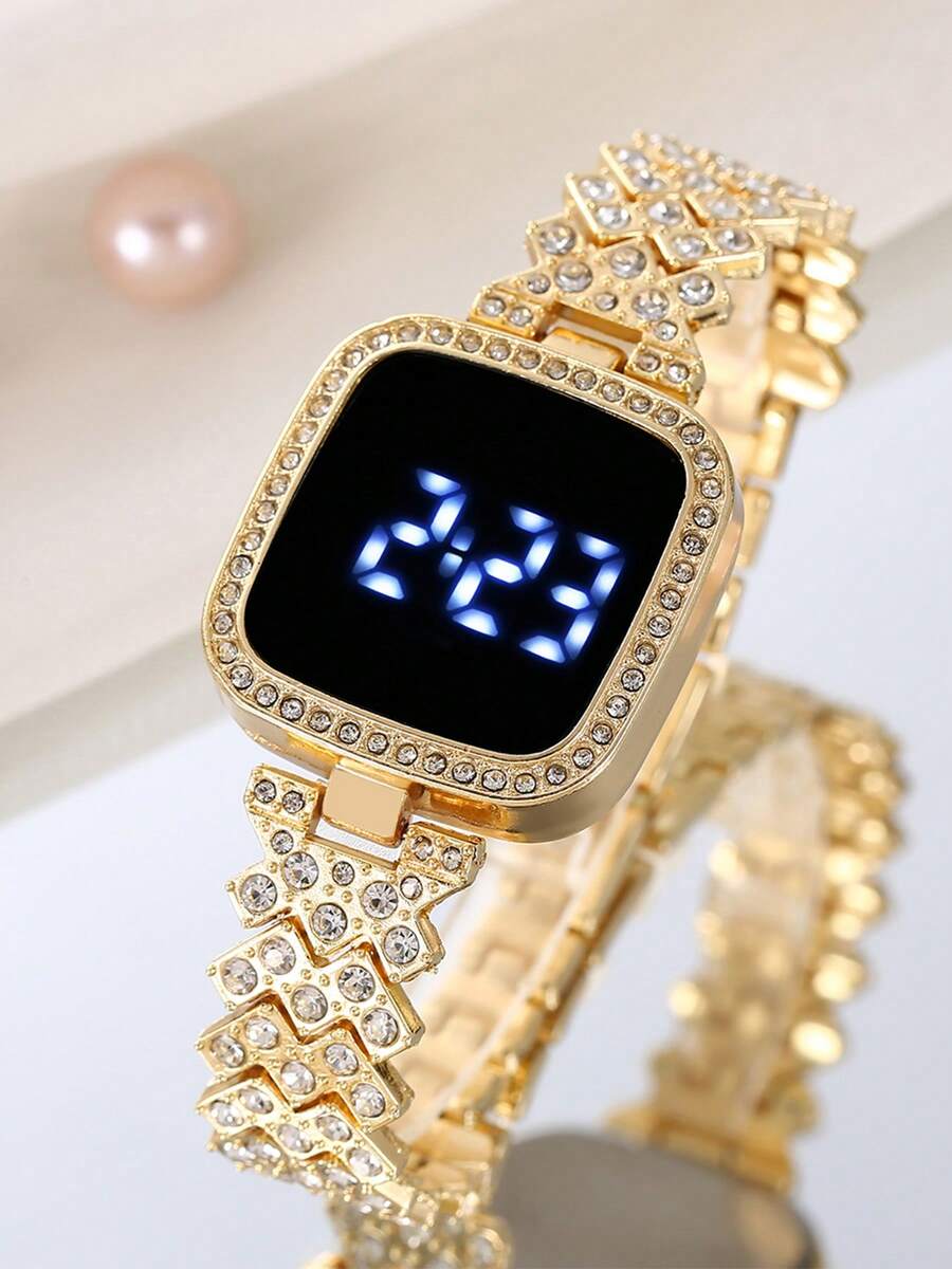 LED Touch Screen Electronic Watch Luxury Rhinestone Digital Bangle Cuff Wrist Watch For Women Girls - Gold - View 1