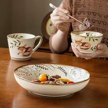 1pc Handmade 9-Inch Unique Ceramic Plate, Salad Plate, Serving Plate, Suitable For Holding Vegetables, Noodles, Fruits, Desserts, Ideal Holiday Gift - Multicolor - View 4