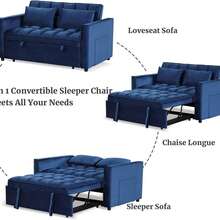 3 In 1 Convertible Sleeper Sofa Bed, Modern Velvet Loveseat Couch Pullout Bed For Living Room, Small Love Seat Lounge Sofa With Reclining Backrest, Pillows And Side Storage Pocket - Màu xanh lam - Xem 4