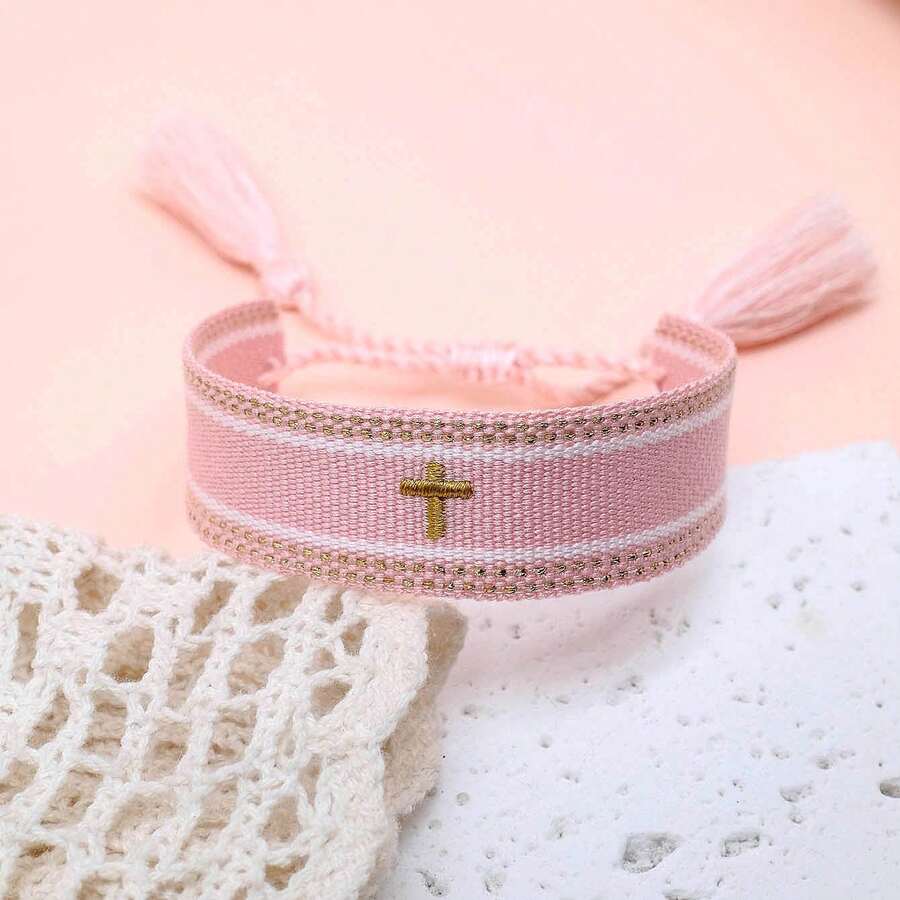 1pc Embroidered Cross Boho Handmade Braided Tassel Bracelet - Baby Pink - View 1