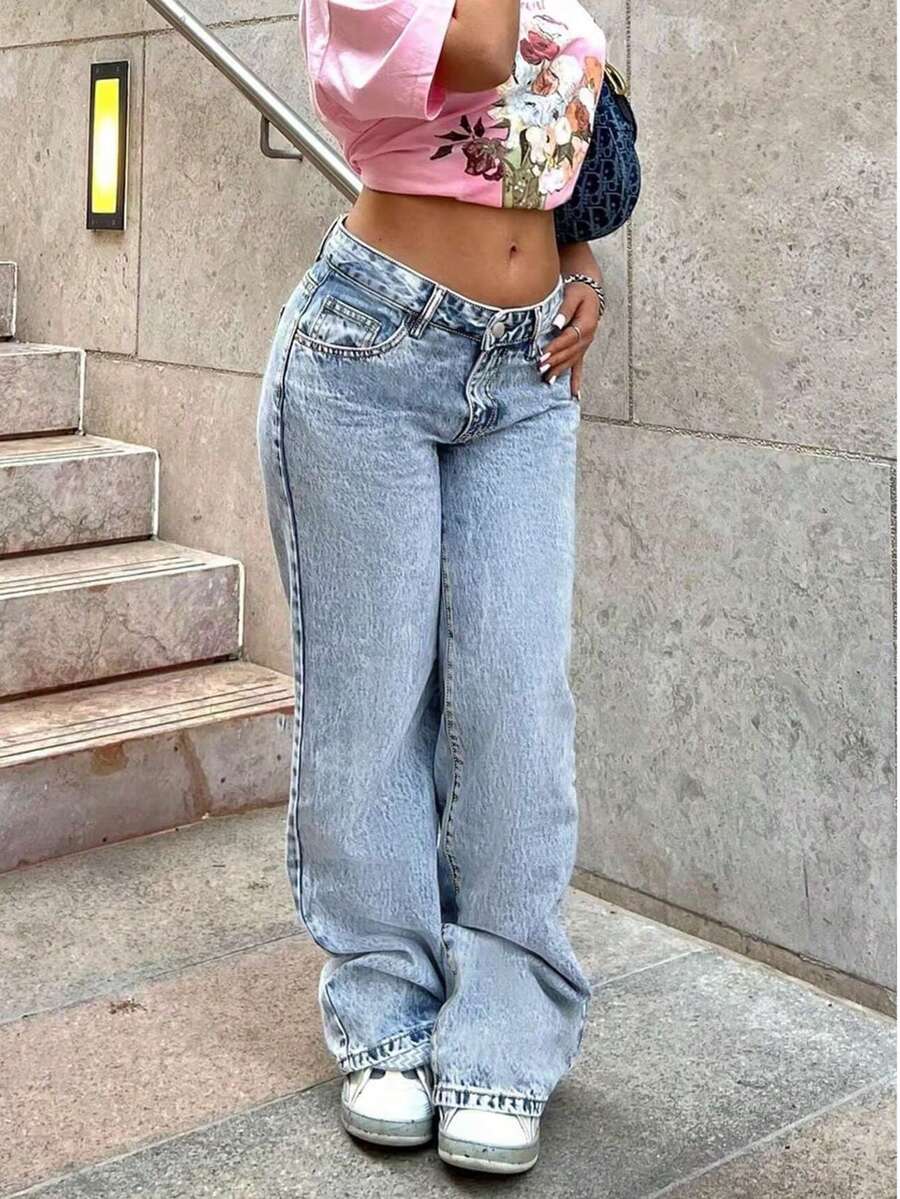 Pantalones vaqueros rectos de estilo fashion, casuales y versátiles para festivales de música de primavera/verano, elegantes para mujeres/estudiantes - Azul - Ver 1
