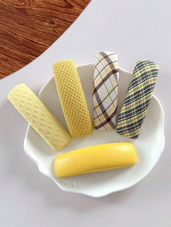 5 piezas Clips de pelo de mujer de moda elegantes, de color amarillo, de un solo color, de cuero, a cuadros, para el flequillo y los lados, adecuados para decorar el peinado en salidas diarias, accesorios elegantes de estilo bohemio