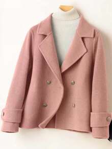 Abrigo largo de mujer de manga larga con cuello de solapa, detalles de botones en color rosa, de tela tejida, ropa de invierno para mujer - Rosa - Ver 8