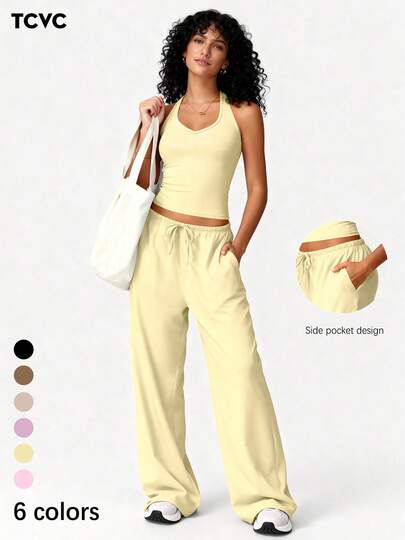 TCVC 两件套女士休闲套装，包括运动文胸和阔腿裤，适合日常穿着，舒适时尚，亲肤面料。