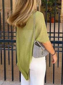 2025 Women's Sheer Knit Poncho Boat Neck Bat Wing Knit Tops Lightweight Pullover Sweater - 綠色 - 查看 6