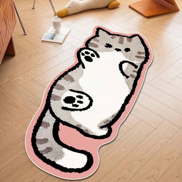 1pc Cartoon Gray & Pink Cat Shaped Pattern Rug, Faux Wool Material, Cute Fluffy Cat Plush Carpet, TPR Non-Slip Backing, Suitable For All Seasons Indoor Use - Fit For Bedroom Bedside, Game Room, Living Room, Bathroom And Laundry Room - Home Decor Carpet, Durable And Machine Washable - Xmas, Cat Lover Gift, Housewarming, Thanksgiving And Christmas Gift!