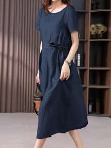 女士棉麻中长连衣裙 A 字飘逸夏季度假宽松长款休闲连衣裙，配腰带 - 藏蓝色 - 查看 3