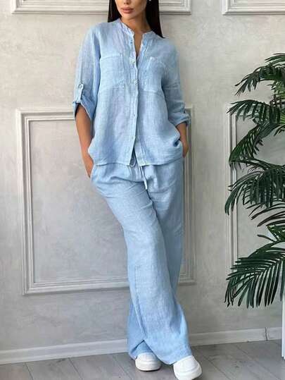 Conjunto de 2 piezas de lino para mujer talla grande, blusa con cuello de botones y hombros caídos, y pantalones de pierna ancha, ropa de estar en casa informal