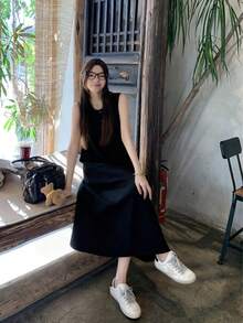 女式复古休闲时尚无袖宽松修身连衣裙 - 黑色 - 查看 4