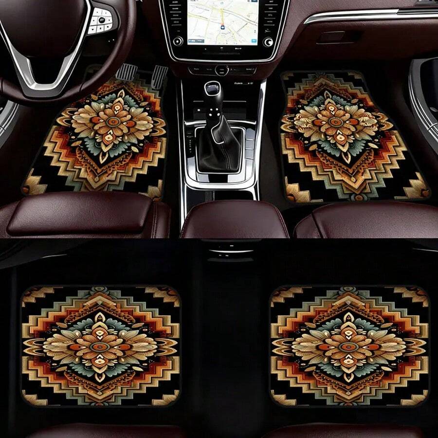 4pcs/Set Pattern Printed Car Floor Mats - Full Coverage Front & Rear, Crystal Velvet, Easy To Clean - Fit For Sedan, Van, SUV, Car Interior Accessories, Upgrade Your Vehicle!