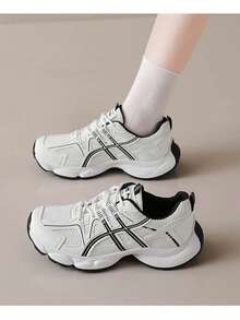 Zapatos deportivos casuales para mujer, con patrón geométrico, cordones, patchwork, adecuados para actividades al aire libre en todas las estaciones - Gris - Ver 4