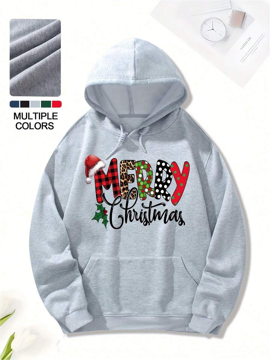 50% Cotton 50% Polyester Men's Warm Hoodie: Christmas Printed Pattern, High-Quality Skin-Friendly Fabric, Drawstring Design, Autumn & Winter Essential, Perfect for Daily Wear, Street, Gym, Basketball, Fishing. Men'S casual hooded sweatshirt - Gris - Ver 1