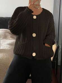 Blusa casual de manga larga con botones delanteros de unicolor para mujer de talla grande, suéter de punto para otoño/invierno