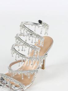 Women's Stiletto High Heel Sandals, Round Toe Fashion Strap With Rhinestone Snake Wrap Design, Minimalist Basic Style For Summer & Autumn - Silver - View 8