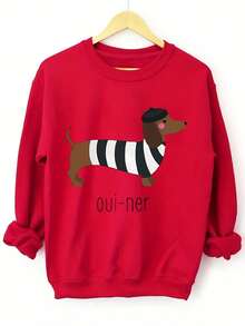 Women's White Dachshund In Striped Shirt & Oui Ner Graphic Casual Sweatshirt - Soft Light Beige-Friendly Fabric, All-Season Round Neck Pullover, Machine Washable Funny Dog Lover Apparel For Casual Attire - 紅色 - 查看 5