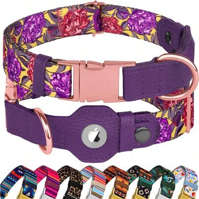 AirTag Collar para perro para raza pequeña mediana y grande ajustable bonito patron con soporte para Airtag rastreador de piel suave con GPS Apple Air Tag collares para mascotas mediano ajuste