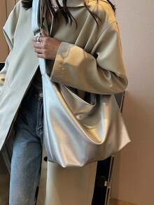 1 buah Tas Bahu Kulit PU Perak Warna Solid Modis Kapasitas Besar, Tas Tote Minimalis Cocok Untuk Belanja, Kerja, Hadiah, Perjalanan - Perak - View 8