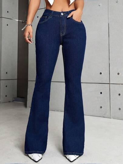 Jeans casuales de mezclilla de pierna larga acampanada para mujer, material muy elástico con detalles de botón y cremallera.