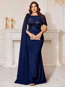 Đầm maxi dáng đuôi cá xếp ly 3D bằng chiffon đính sequin và ren hoa, tay áo dài, thích hợp cho khách dự đám cưới, dạ hội, sinh nhật, lễ hội, tốt nghiệp và các dịp lễ tết. - Màu xanh hải quân - Xem 4