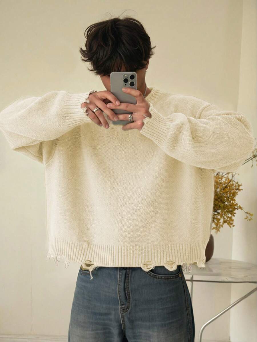 Autumn/Winter Unisex Street Style Minimalist Long Sleeve Crew Neck Pullover Sweater With Fringe & Distressed Details, Loose & Comfortable - Apricot - View 1