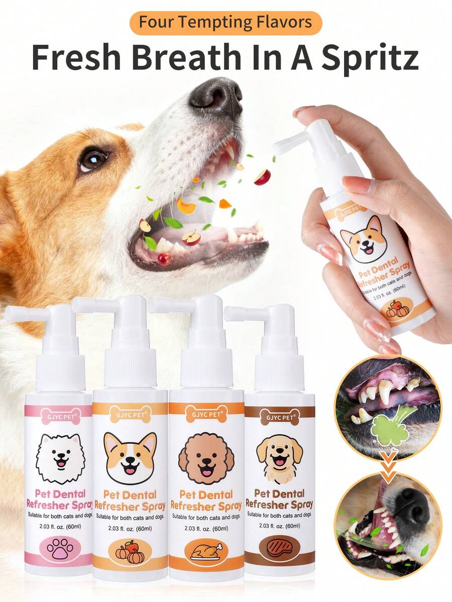 GJYC PET Pet Dental Spray & Water Additive For Dogs & Cats - Fights Bad Breath & Tartar In 4 Scents: Beef, Chicken, Pumpkin Apple, Odorless - 2.03 Fl Oz - Multicolor - View 1