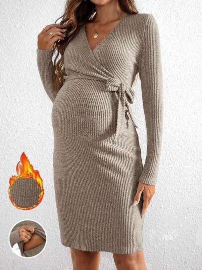 Solid Color Casual Ribbed Criss-Cross Maternity Dress, Everyday Wear