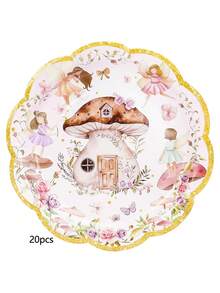 10个/20个/50个装仙女主题派对纸盘套装，7英寸/9英寸，仙女蘑菇图案，扇形装饰盘，蛋糕甜点晚宴派对餐盘，魔法花园主题，适合一周岁生日、婴儿派对、春季茶会、仙女主题派对装饰 - 彩色 - 查看 12