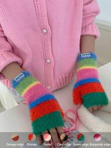 Guantes de punto para mujer con rayas de felpa, guantes sin dedos de invierno cálidos con rayas de colores contrastantes, guantes de punto de medio dedo cortos para exteriores, ciclismo, Accesorios de invierno, Guantes de oso, Navidad