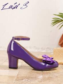 Women's Elegant Fashion Round Buckle Decor Mary Jane Pumps, Strap Round Toe Chunky Heel Shoes, Convenient Pin Buckle Closure, Suitable For Party/Wedding/Christmas/Work Commute/Spring & Autumn, Purple High Heels, Comfortable Women's Shoes, Business Formal/Vacation - Purple - View 5