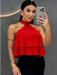 BLUSA TOP FEMININA DE ALÇAS COM GOLA ALTA COM CAMADAS DUPLA EM BABADOS BLUSA CROPPED FRENTE UNICA COM AMARRAÇAO NAS COSTA