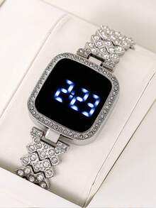 LED Touch Screen Electronic Watch Luxury Rhinestone Digital Bangle Cuff Wrist Watch For Women Girls - Silver - View 3