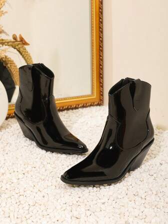 Fall/Winter Fashionable Denim Ankle Boots, Glossy Western Style, Casual Daily Wear