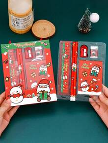5pcs Kids Christmas Stationery Set, Cartoon Santa Claus Pattern Handheld Stationery Combo, Practical Children's Writing Set, Learning Supplies Gift, Suitable As Holiday Stationery Small Gift